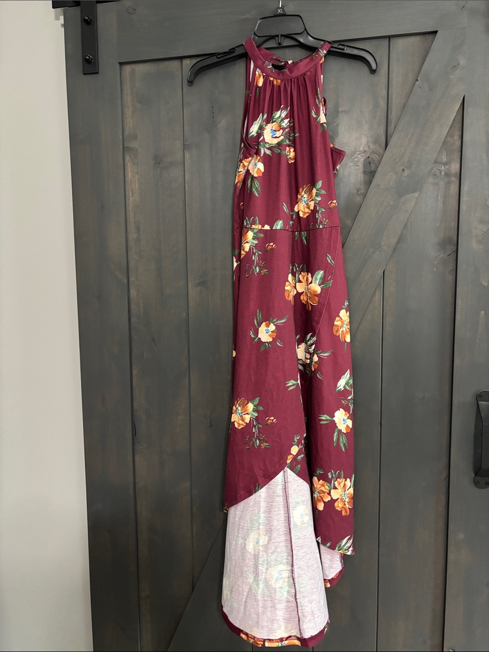 Burgundy Floral High-Neck Maxi Dress